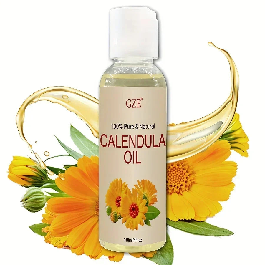 Bottle of GZE 100% pure and natural calendula oil with calendula flowers and oil splash background