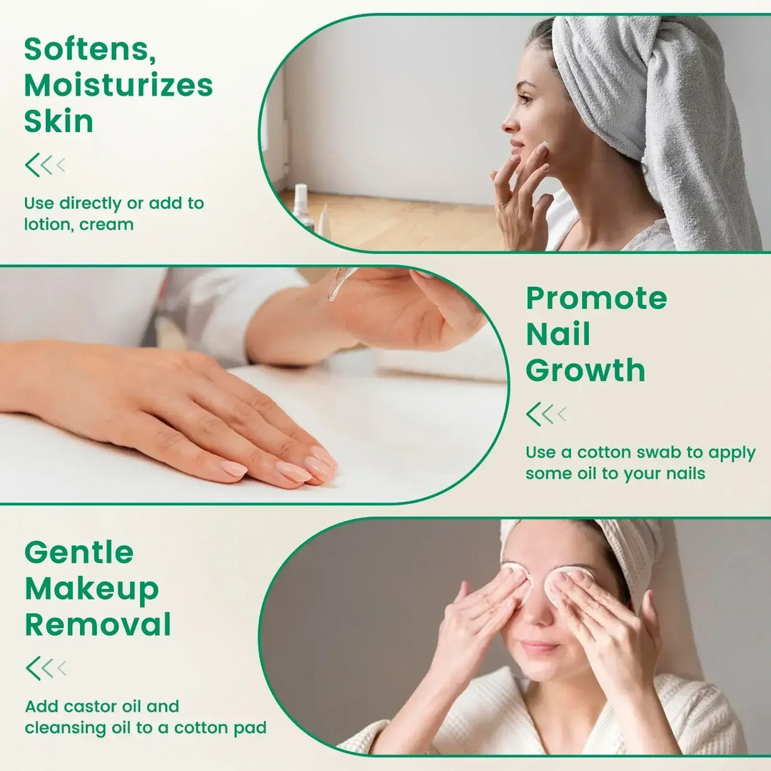 Woman with towel applying moisturizer, hand receiving nail oil, and woman removing makeup with cotton pads