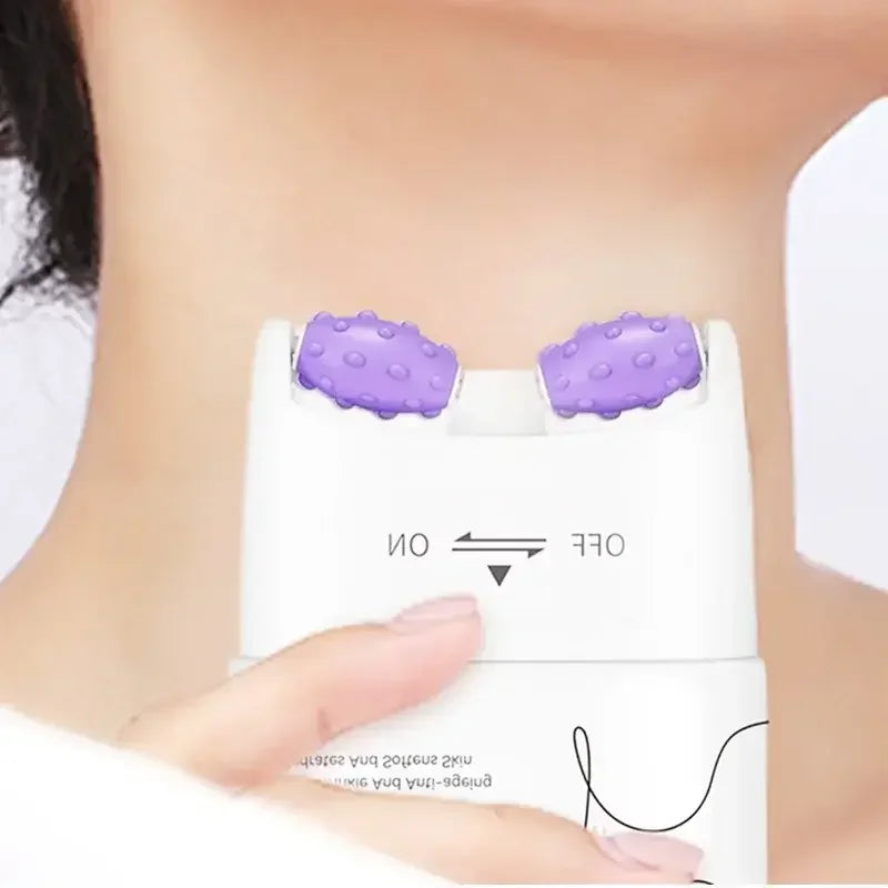 Hand-held neck massager with purple rolling nodes used on a person's neck