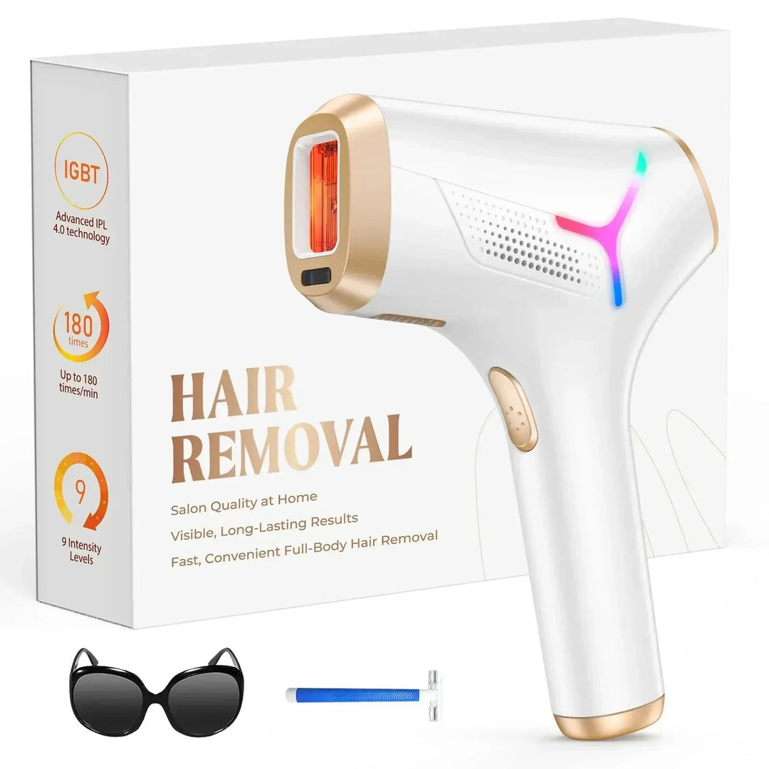 White and gold IPL hair removal device with safety glasses and razor, packaging highlights 9 intensity levels
