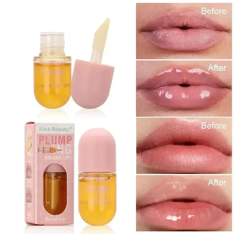 Kiss Beauty Plumping Lip Oil with applicator and before after lips showing hydrated, glossy lips