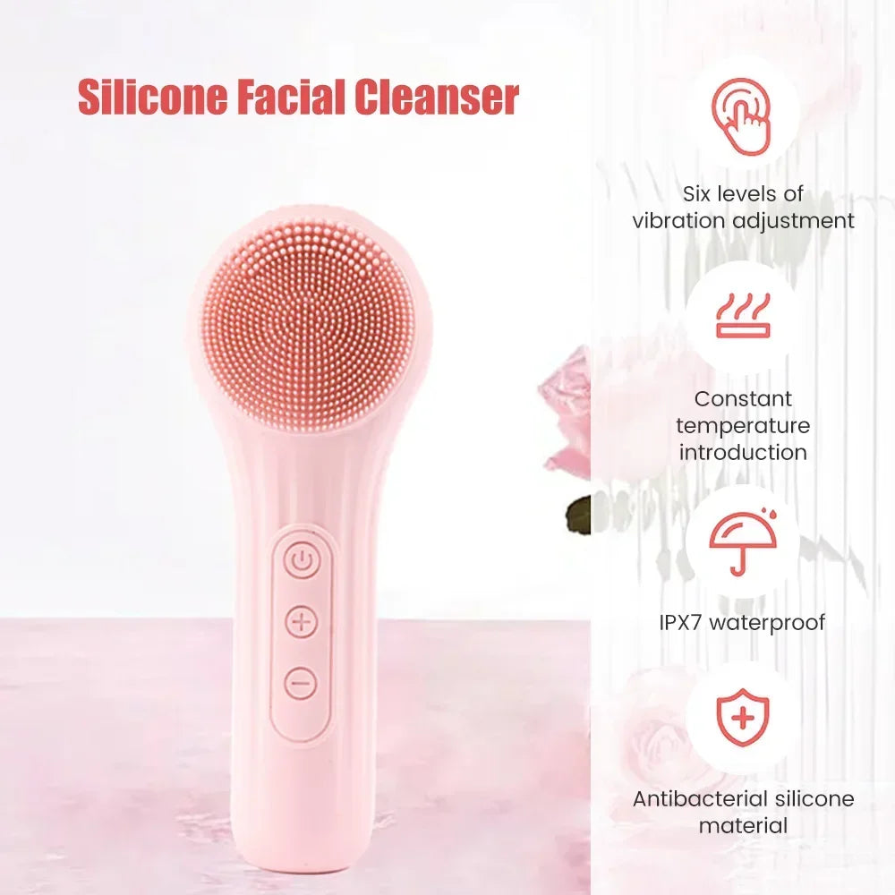 Pink silicone facial cleanser with vibration, temperature control, waterproof and antibacterial features