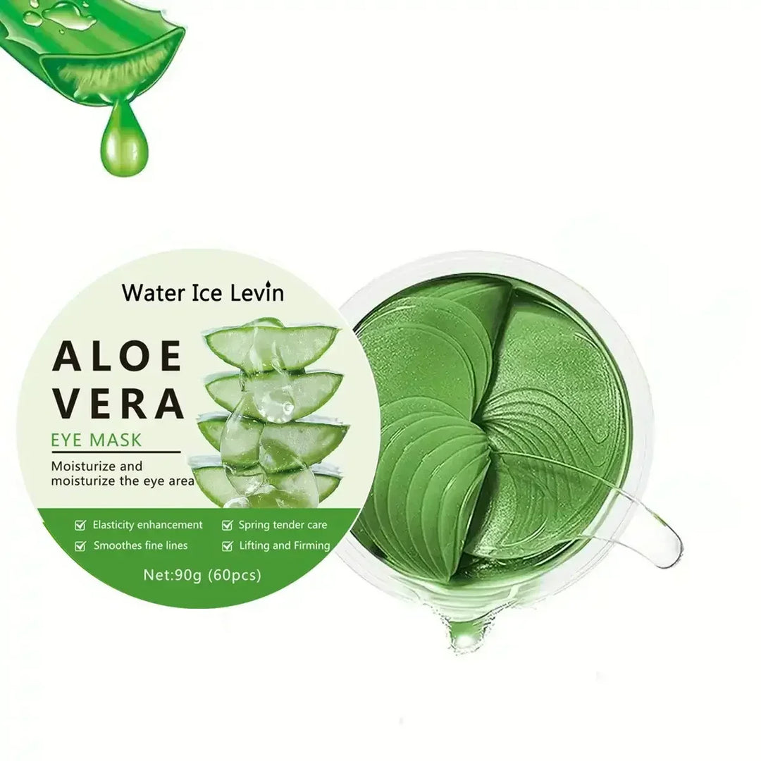 Aloe vera eye mask patches in a container with aloe leaf and water drop, moisturizing and firming eye care