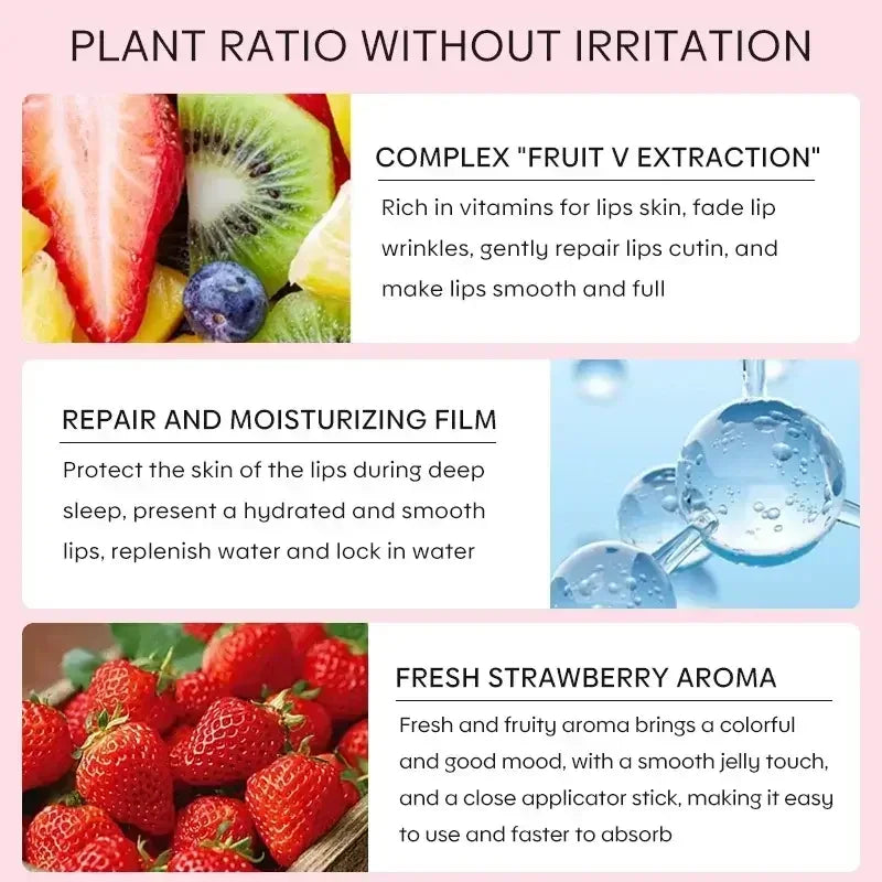 Lip care benefits featuring fruit vitamin complex, moisturizing film, and fresh strawberry aroma for smooth lips