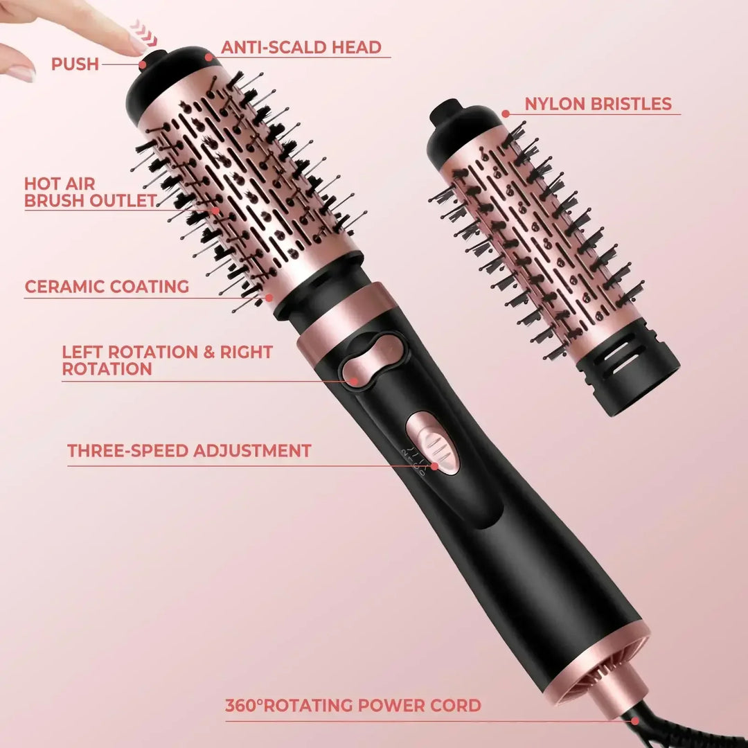 Black and rose gold electric hot air brush with nylon bristles, ceramic coating, anti-scald head, and three-speed adjustment