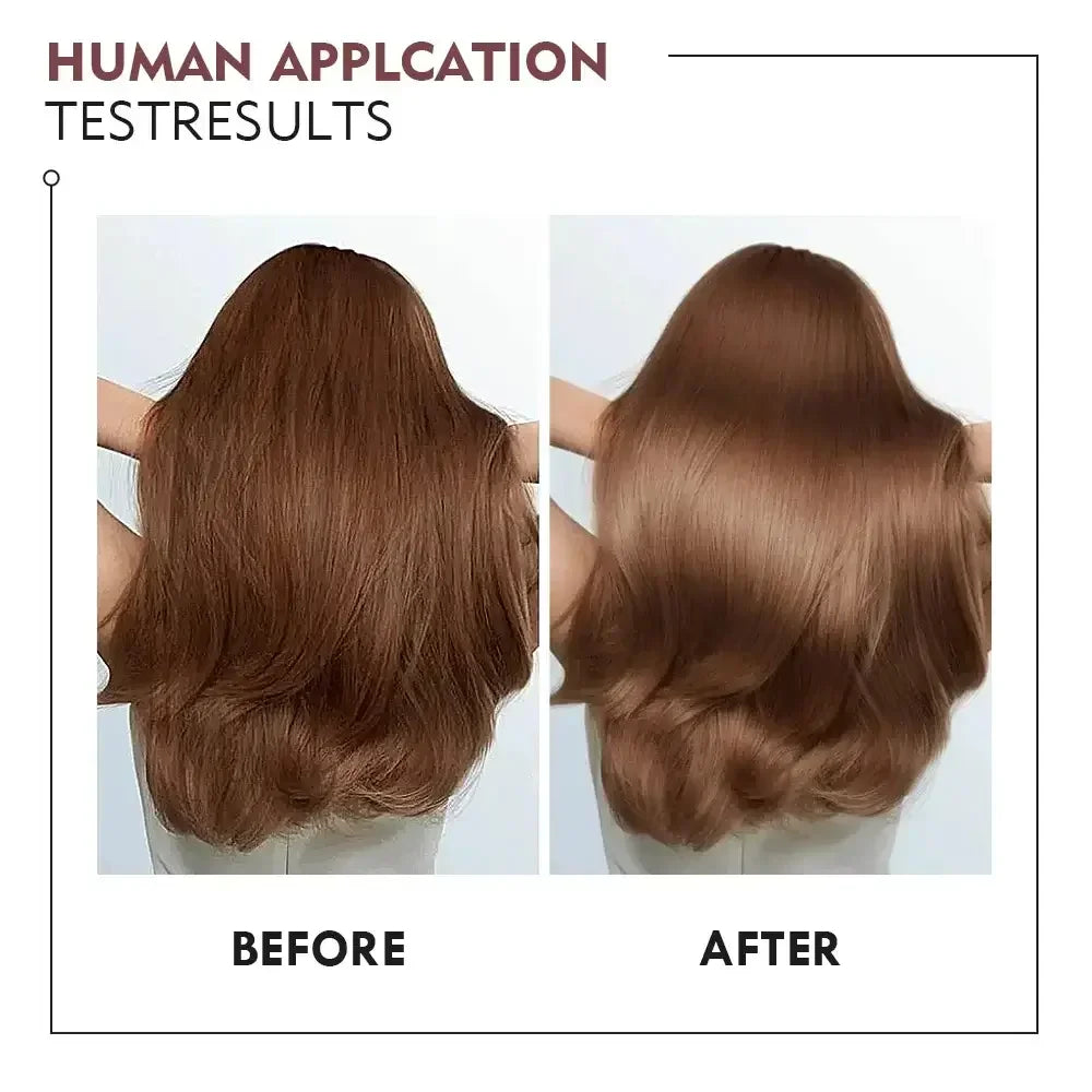 Before and after hair treatment showing smooth, shiny brown hair with improved texture
