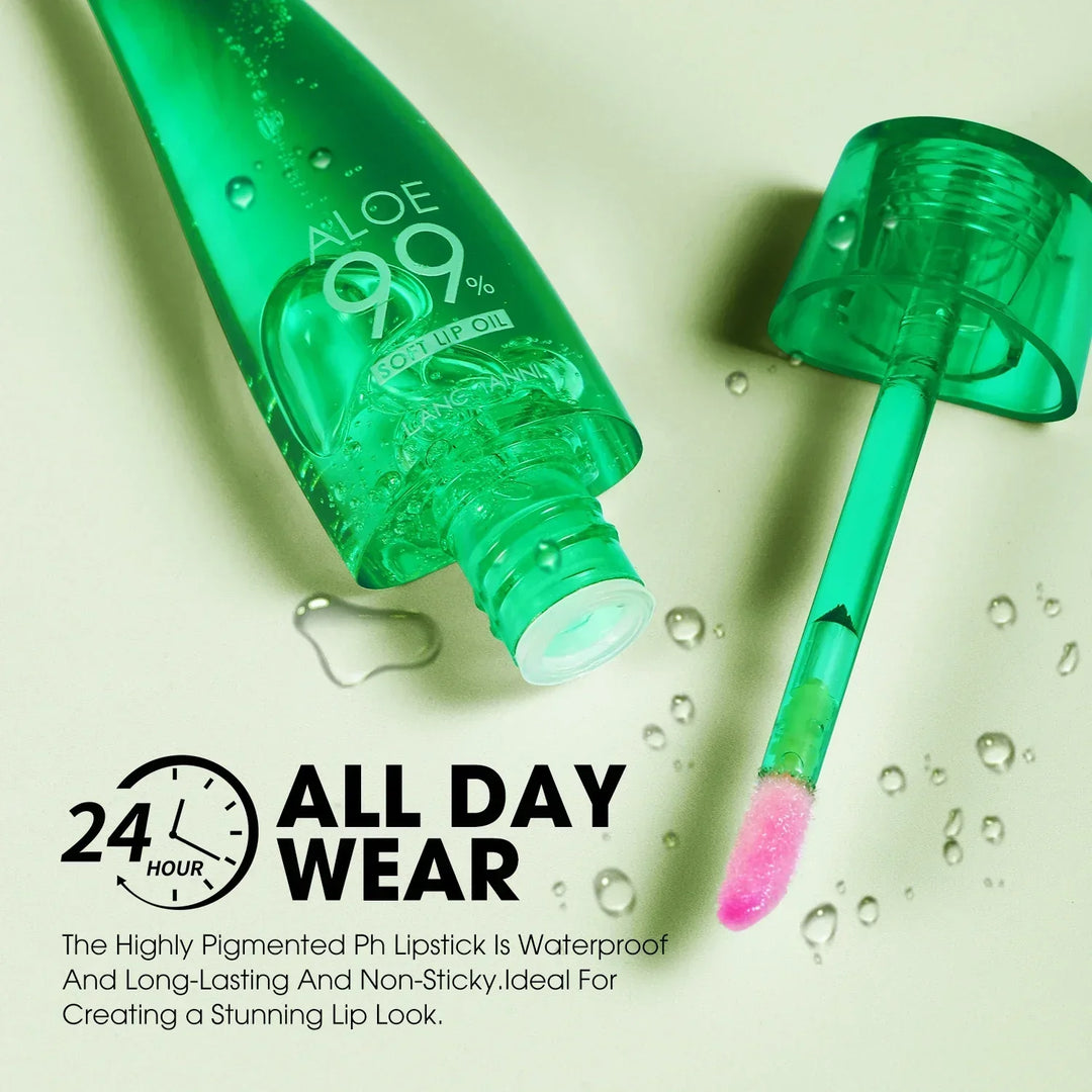 Green aloe 99% soft lip oil with pink applicator and 24 hour all day wear text