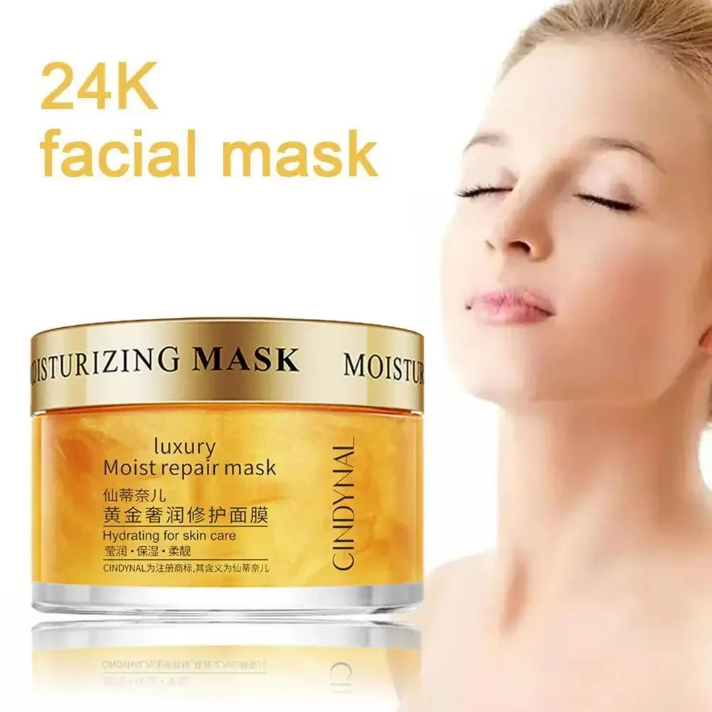 24K luxury moisturizing facial mask jar by Cindynal with a relaxed woman background