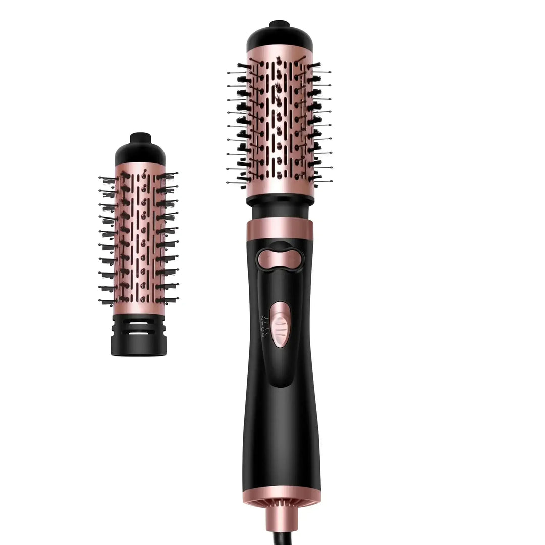 black and rose gold electric hair dryer brush with detachable round bristle head