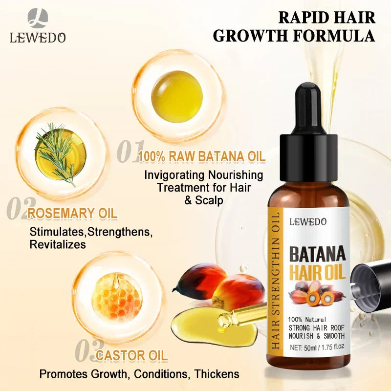 Lewedo Batana Hair Oil with raw Batana oil, rosemary oil, and castor oil for rapid hair growth