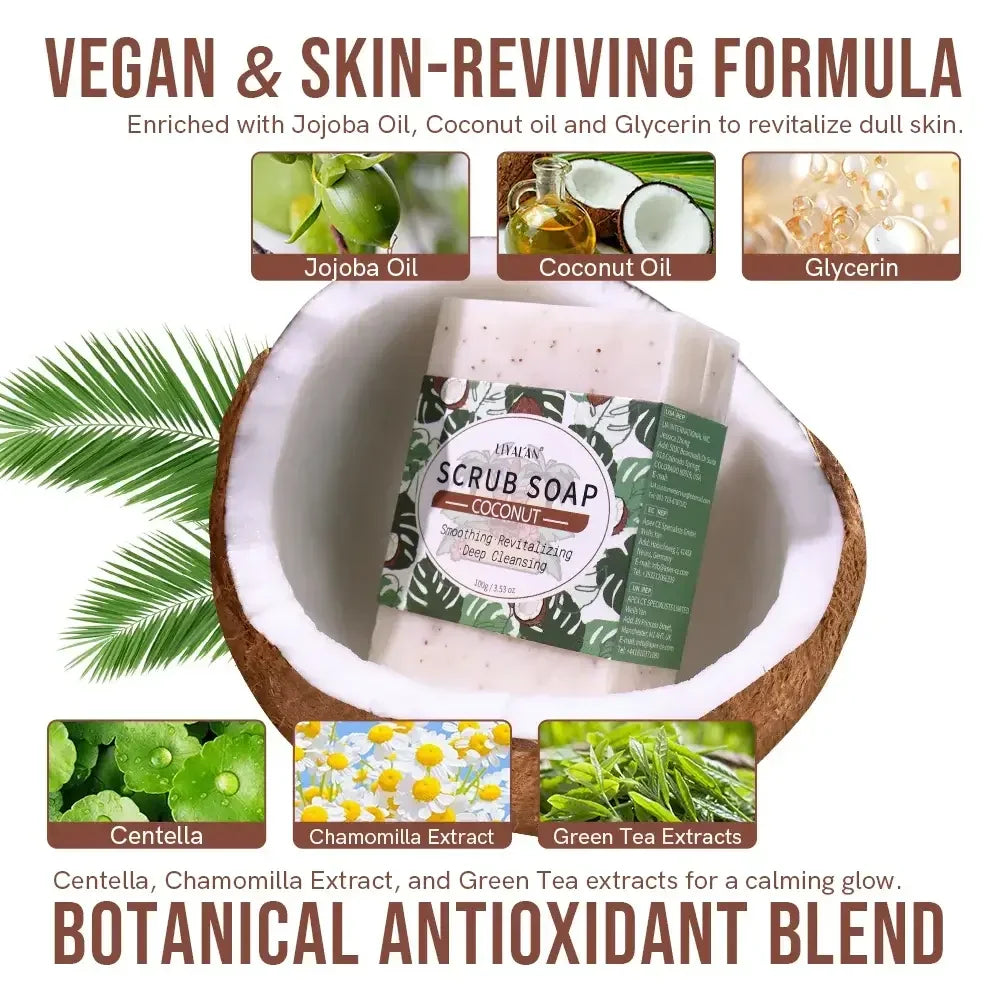 Coconut scrub soap in half coconut shell with jojoba oil, coconut oil, glycerin, centella, chamomilla, and green tea extracts