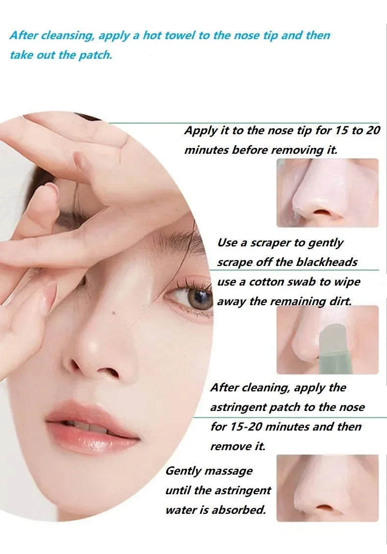 Instructions for nose blackhead removal using a scraper, cotton swab, and astringent patch on a woman's face