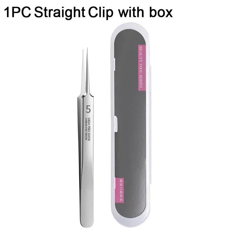 High precision stainless steel straight tweezers with black carrying case for beauty tools
