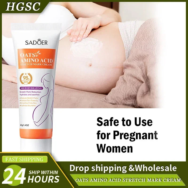 Sadoer oat amino acid stretch mark cream with pregnant woman applying cream on belly