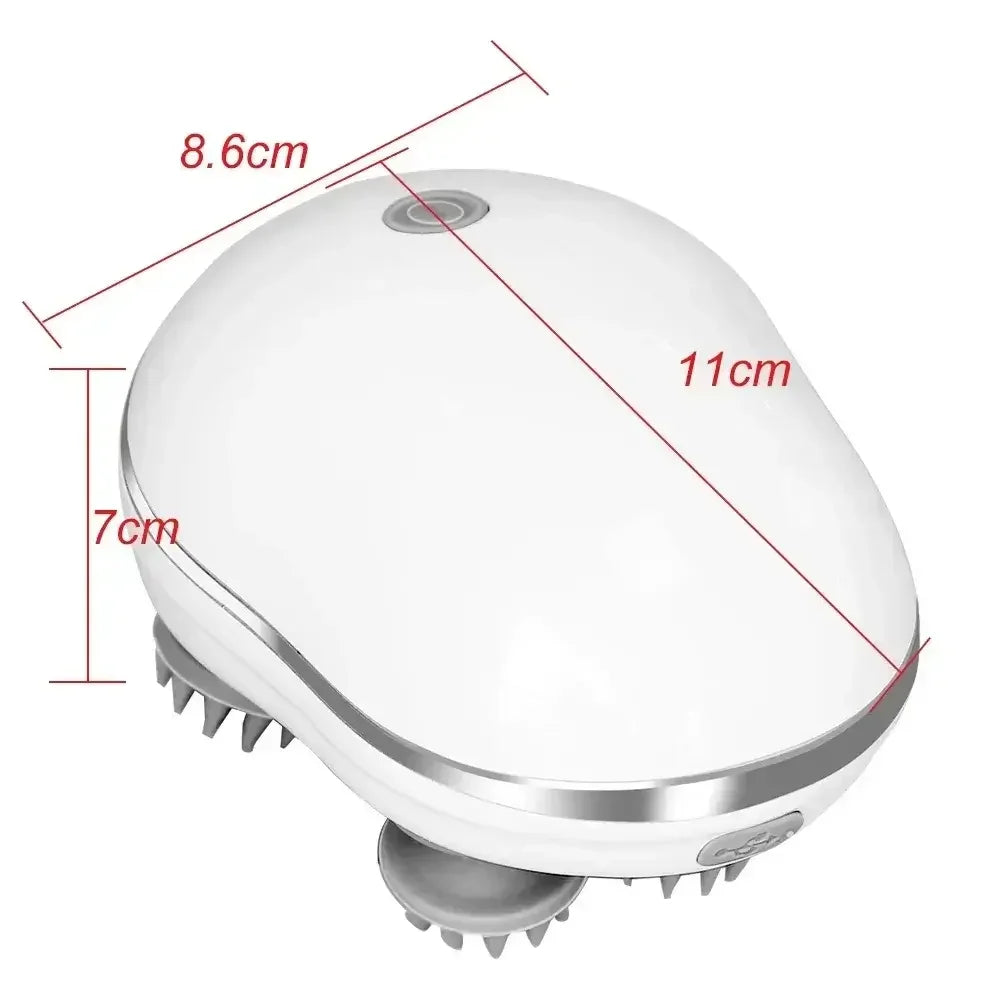 White handheld scalp massager with silicone bristles and dimensions 8.6cm by 11cm by 7cm