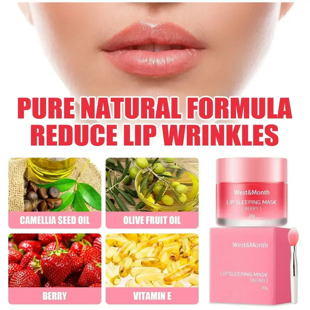 Close-up of lips and natural formula ingredients for lip wrinkle reduction with West&Month lip sleeping mask