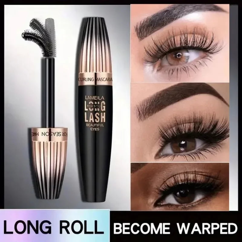 Lameila Long Lash curling mascara with curved brush and close-up of eyes with voluminous, curled lashes