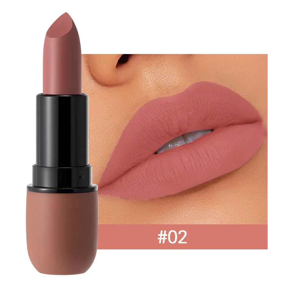 Matte nude pink lipstick shade #02 with matching lips close-up