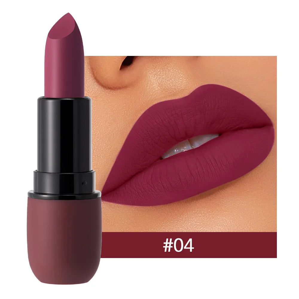 Matte plum lipstick shade #04 with close-up of lips wearing deep berry color