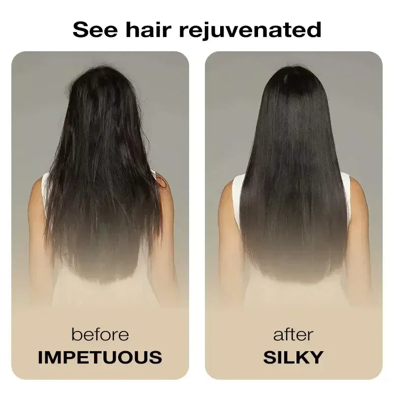Before and after comparison of woman's long black hair, showing impetuous and silky texture transformation