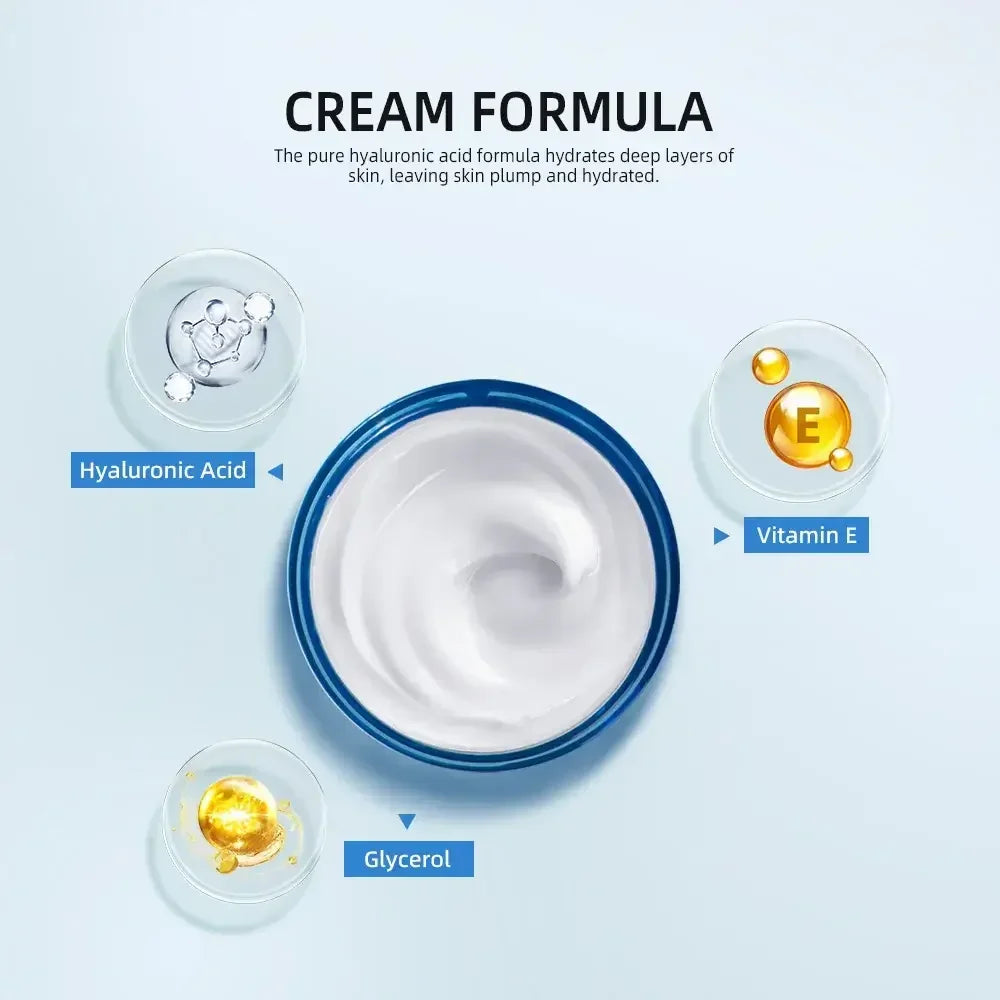 Top view of white cream in blue container surrounded by hyaluronic acid, vitamin E, and glycerol icons on light blue background