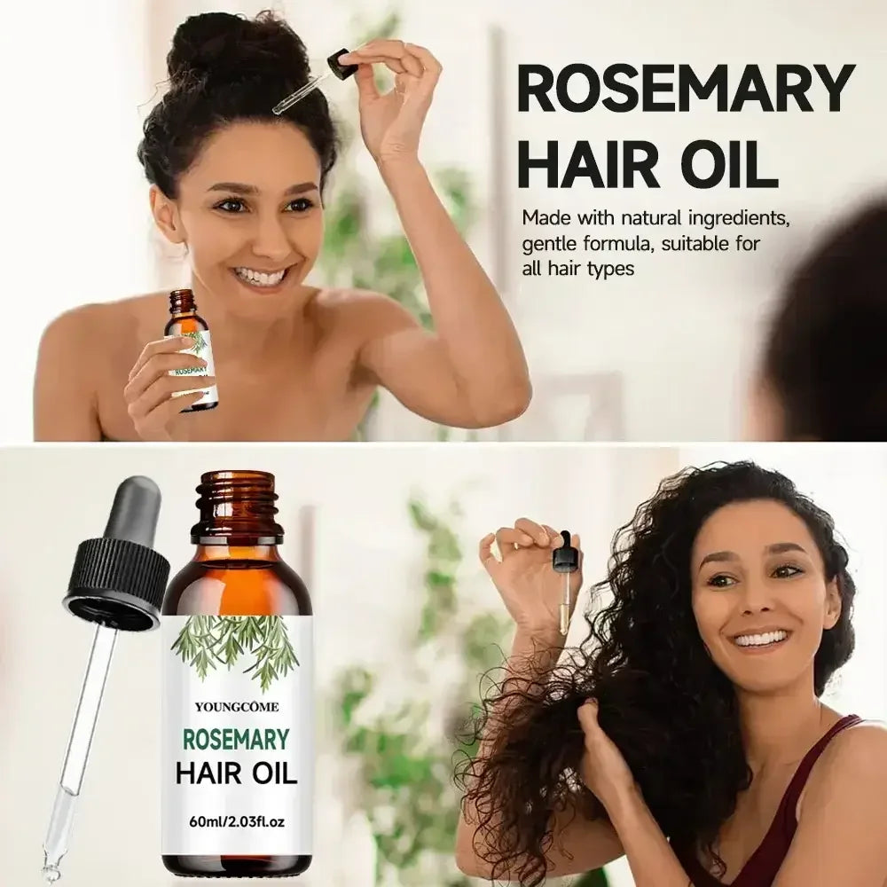 Two women applying Youngcome rosemary hair oil with dropper, promoting natural hair care for all types