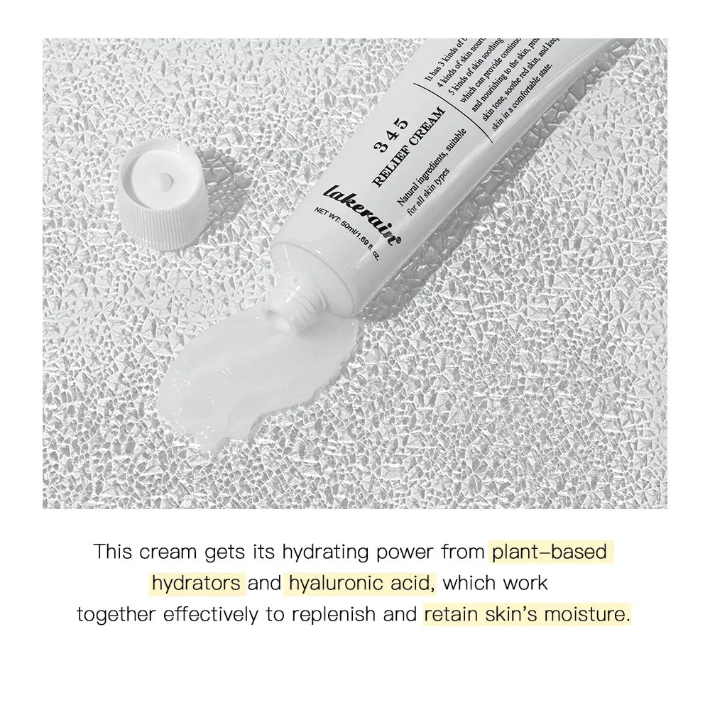 Lakeraire 345 Relief Cream tube with spilled white cream on textured silver surface