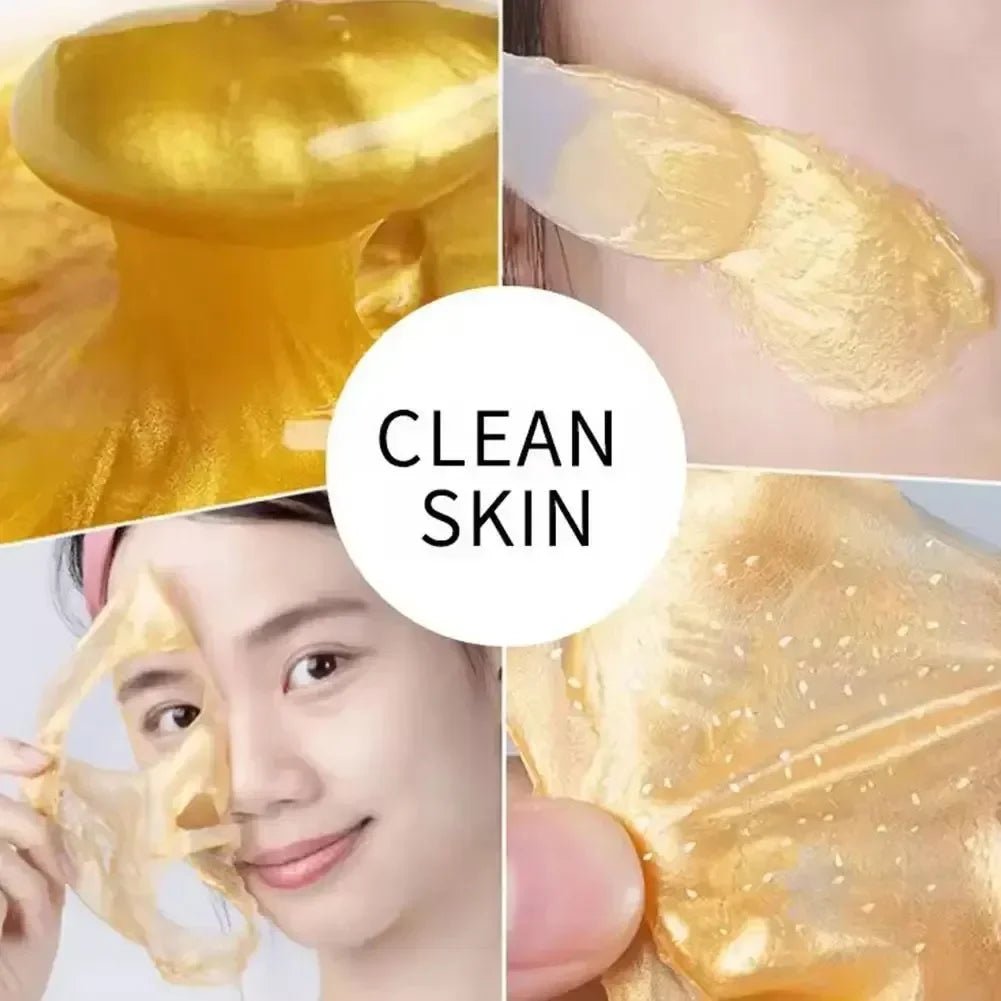 Golden peel-off facial mask application and removal for clean, glowing skin skincare routine