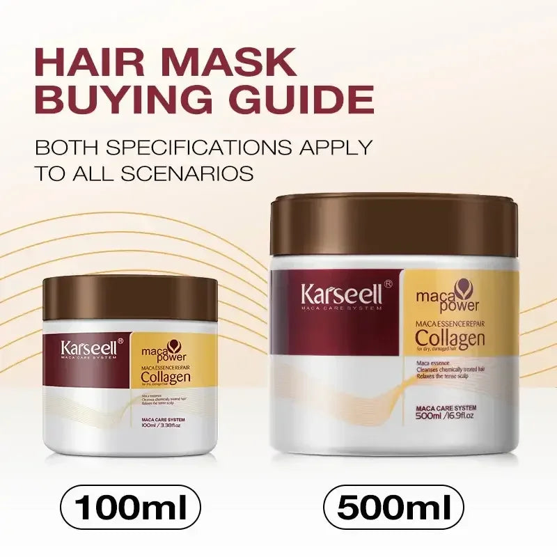 Karseell Maca Power Collagen hair mask in 100ml and 500ml jars with buying guide text