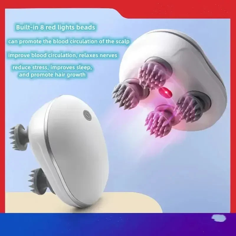 White scalp massager with four silicone brush heads and built-in red light therapy for hair growth