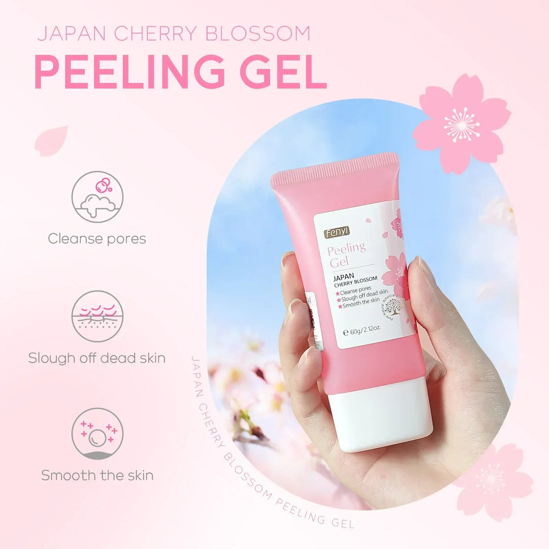 Hand holding pink tube of Fenyi Japan Cherry Blossom Peeling Gel with benefits text and cherry blossom background