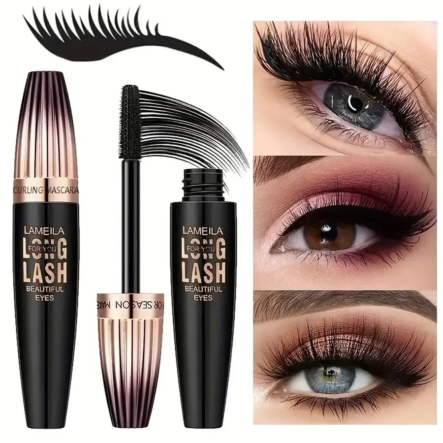 Lameila curling mascara with brush, long lash for beautiful eyes, and close-up of eye makeup looks