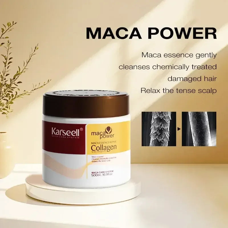 Karseell Maca Power Collagen hair care cream jar on white pedestal with text about repairing chemically treated damaged hair