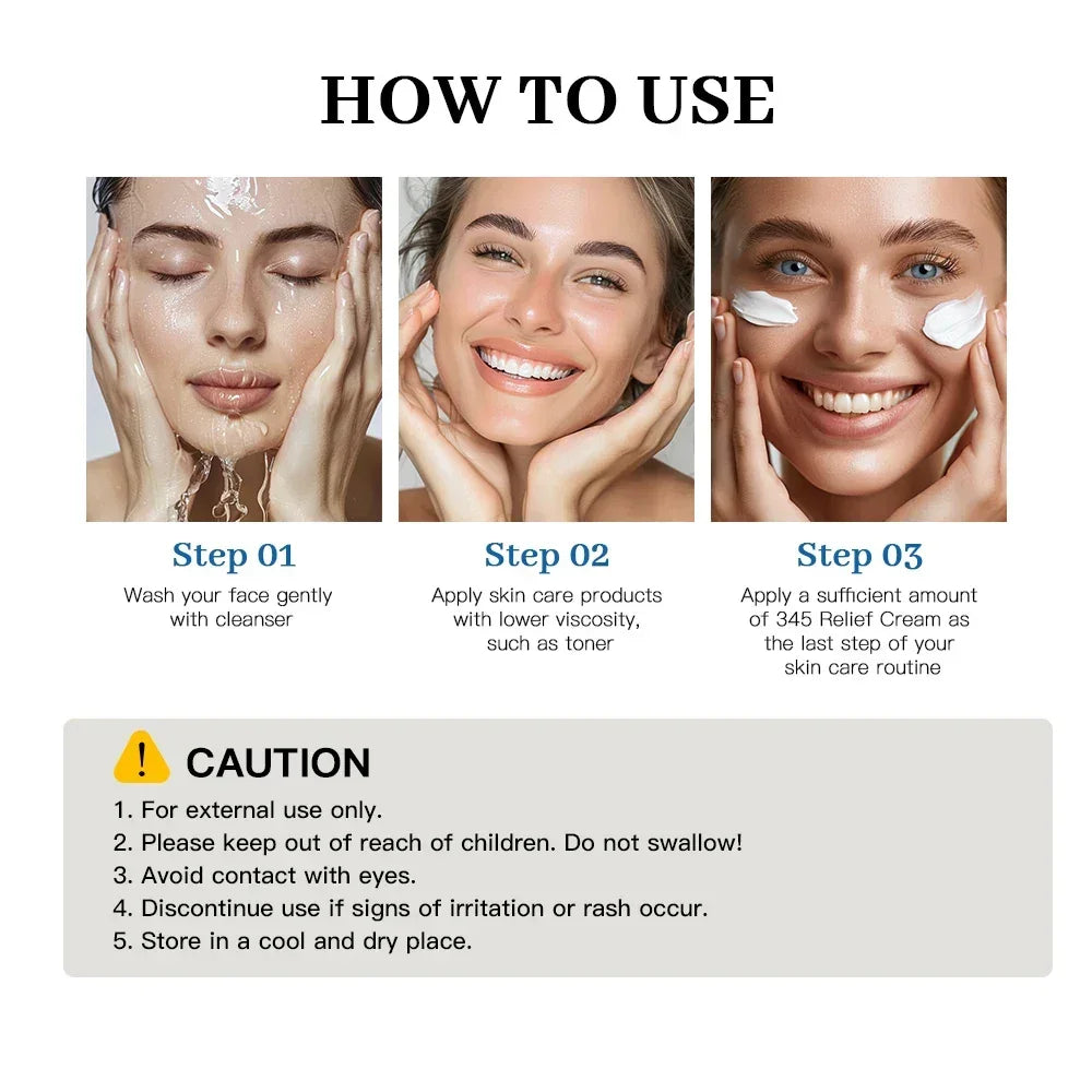 Step-by-step skincare routine with woman washing face, applying toner, and using relief cream