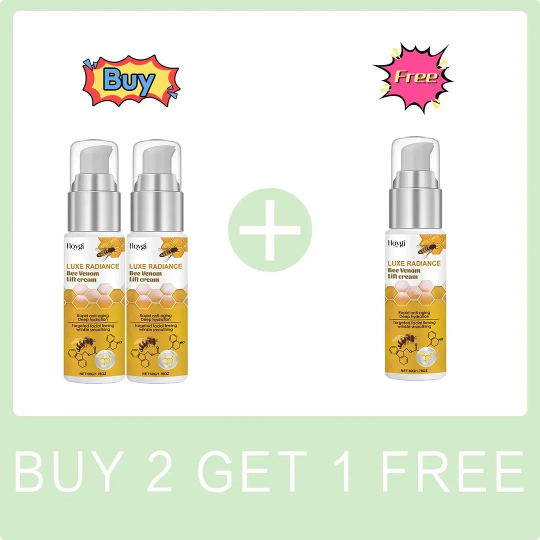 Hoygi Luxe Radiance Bee Venom Lift Cream bottles with buy 2 get 1 free promotional offer text
