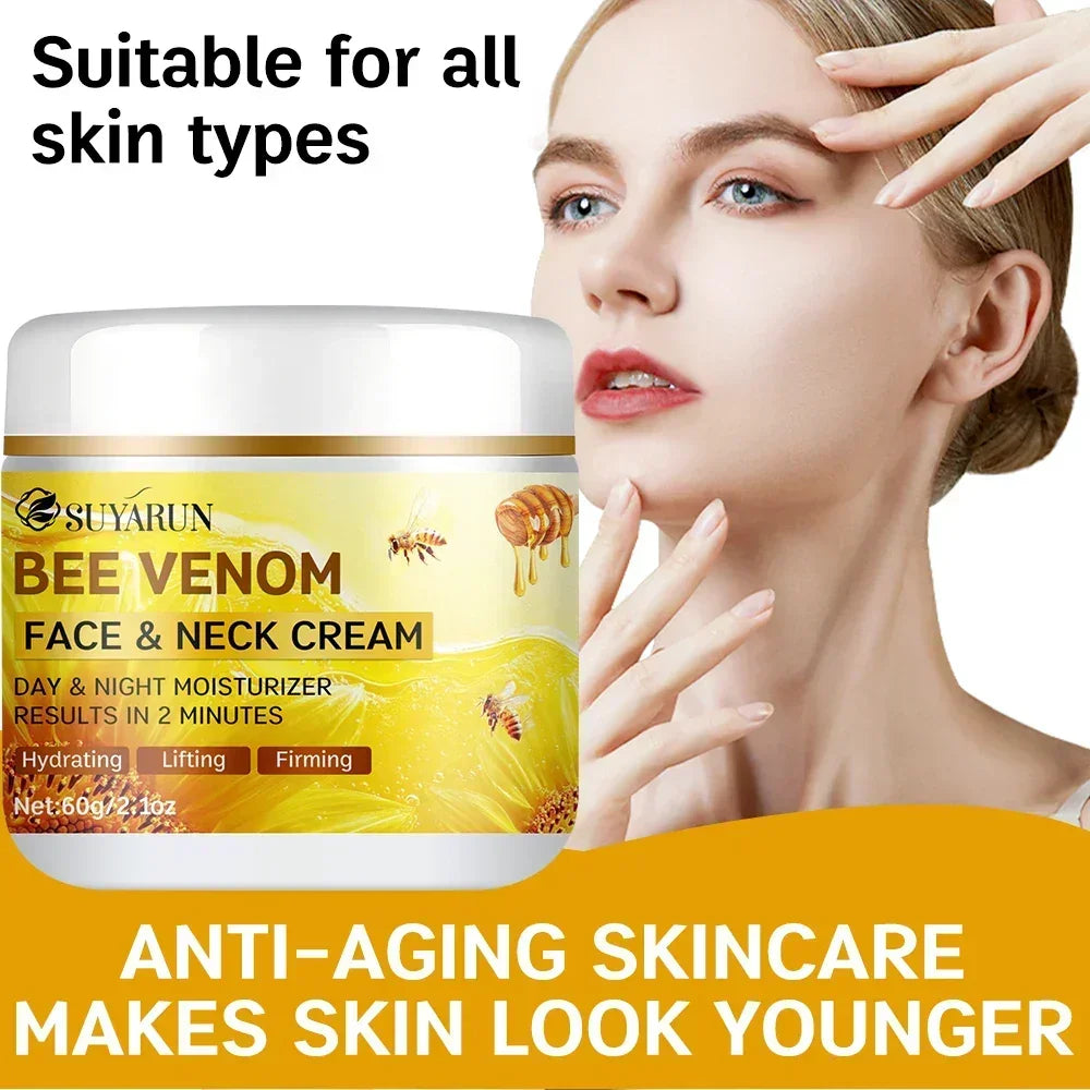 Bee venom face and neck cream by Suyarun with anti-aging, hydrating, lifting benefits shown with a woman touching her smooth skin