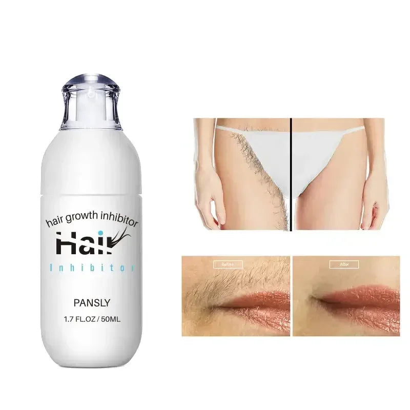 Hair growth inhibitor serum bottle with before and after results showing reduced hair on bikini area and upper lip