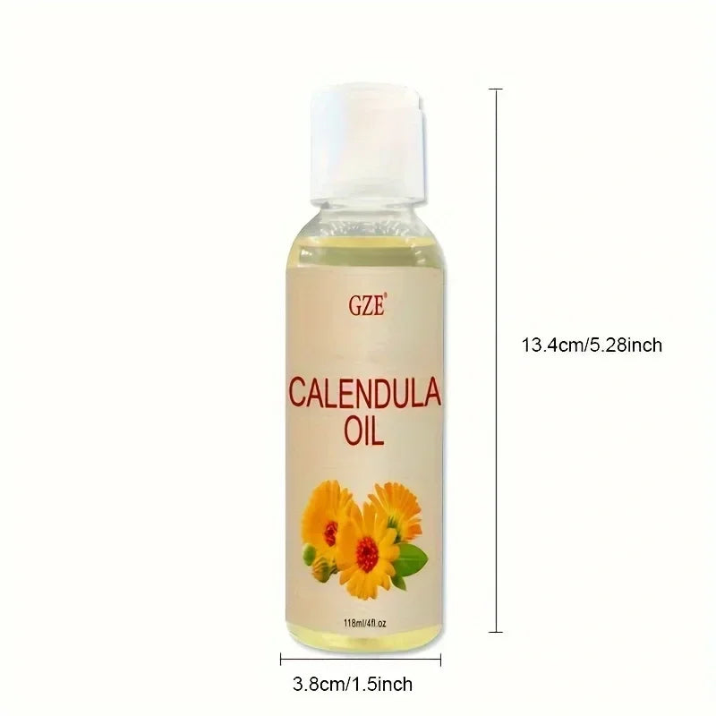 118ml bottle of GZE calendula oil with yellow flower label, 13.4cm height, 3.8cm width