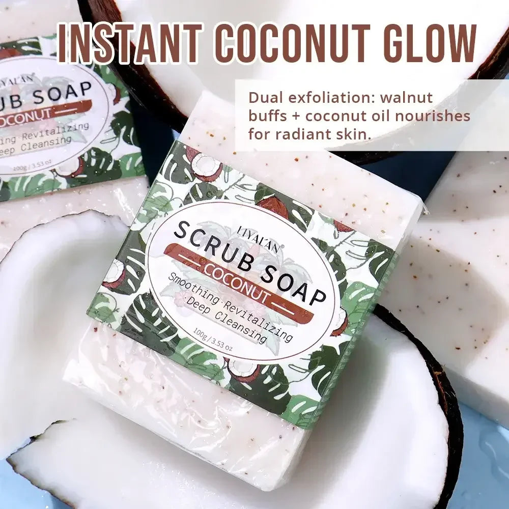 LYALAN Coconut Scrub Soap bar with walnut exfoliants on halved coconuts for deep cleansing and radiant skin