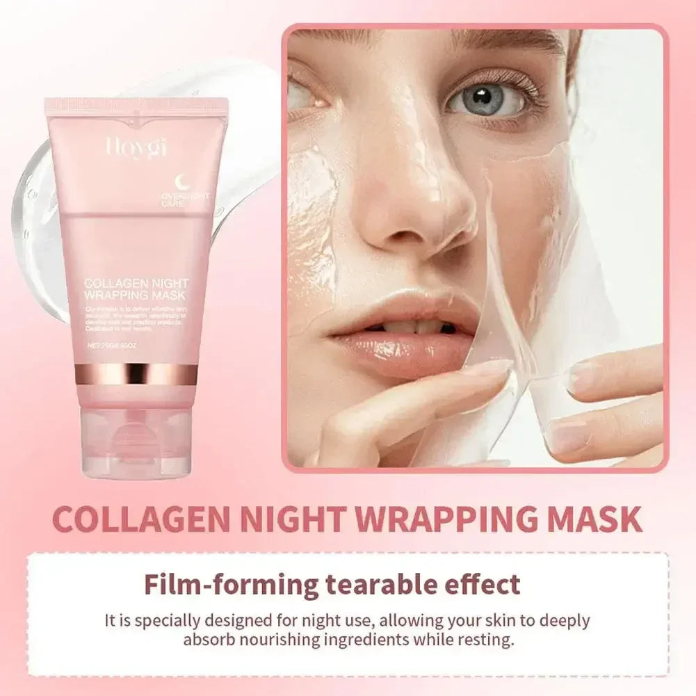 Pink tube of collagen night wrapping mask next to woman peeling off a transparent face mask