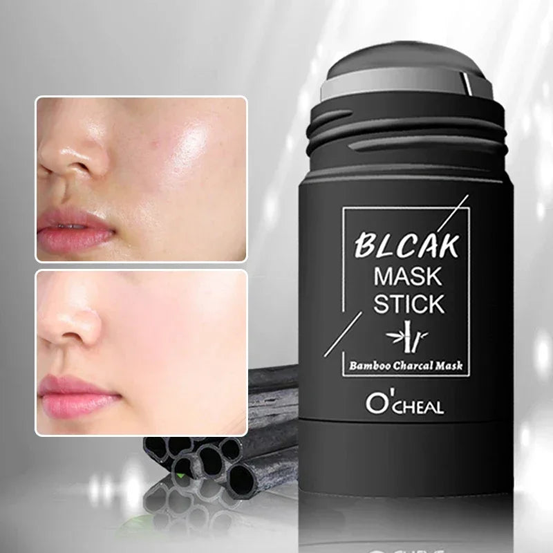 Black mask stick with bamboo charcoal and before and after close-up of clear, smooth skin