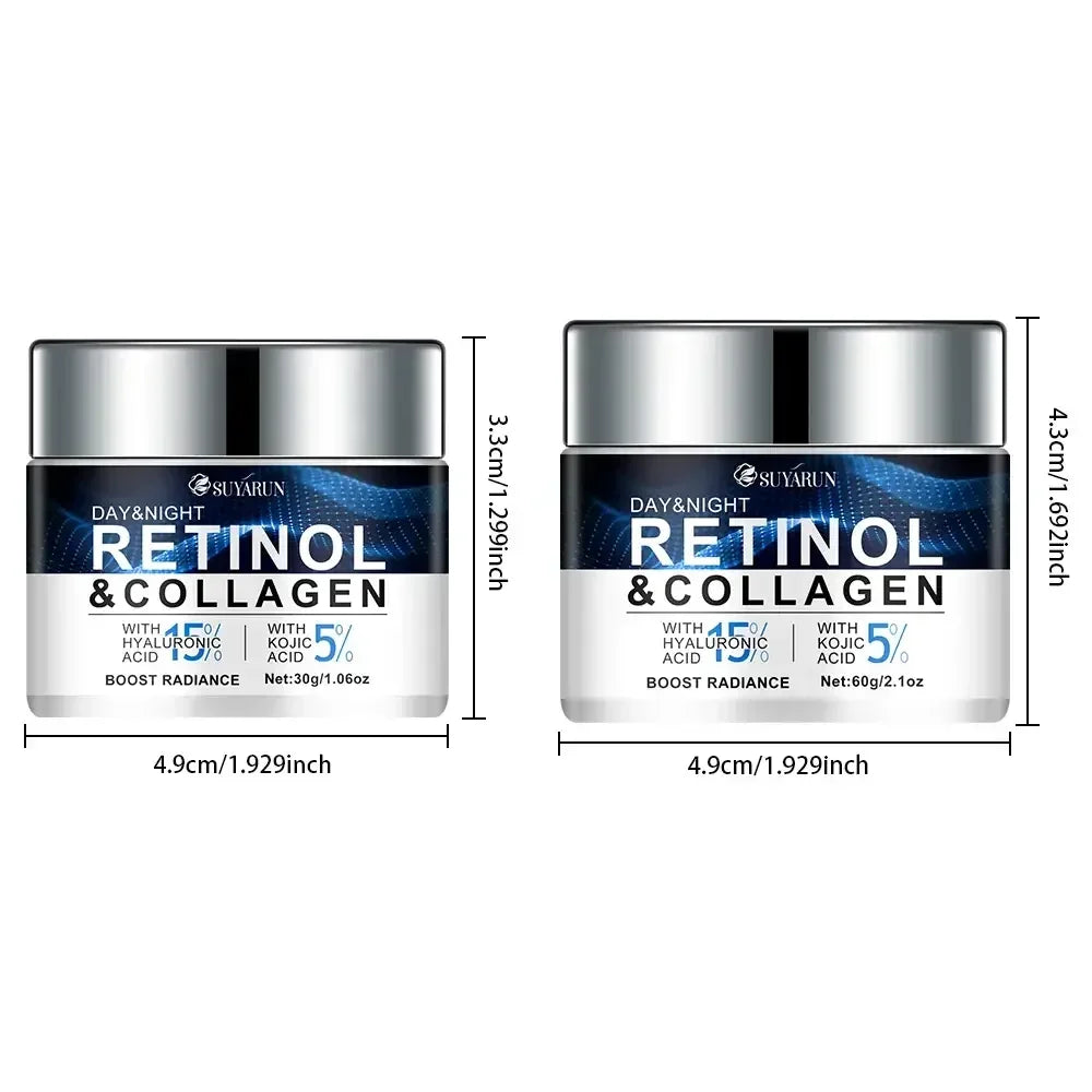 Two sizes of Suyarun Retinol & Collagen cream jars with hyaluronic acid and kojic acid, shown with dimensions