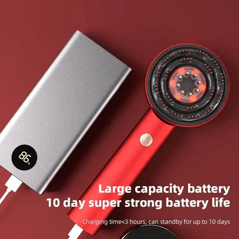 Red handheld massager with large capacity battery and silver power bank showing 86% charge