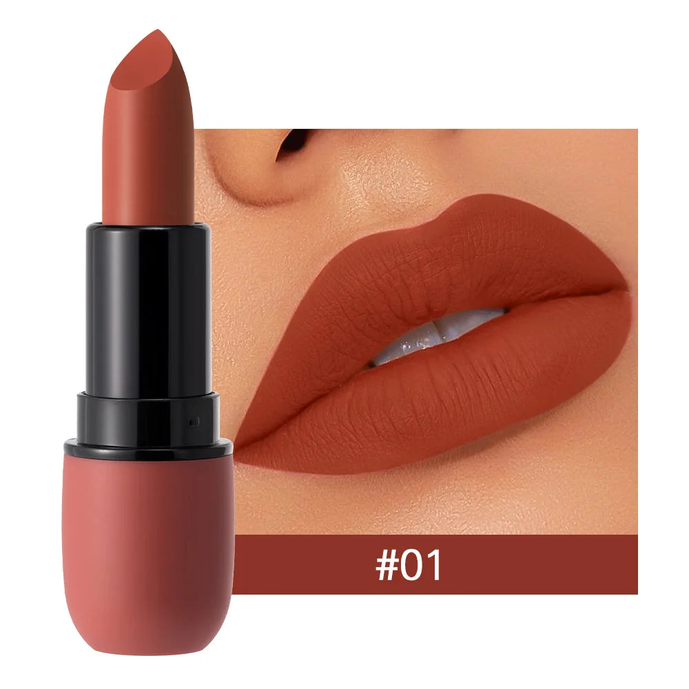 Matte brown lipstick shade #01 with matching lip color on model's lips, smooth finish