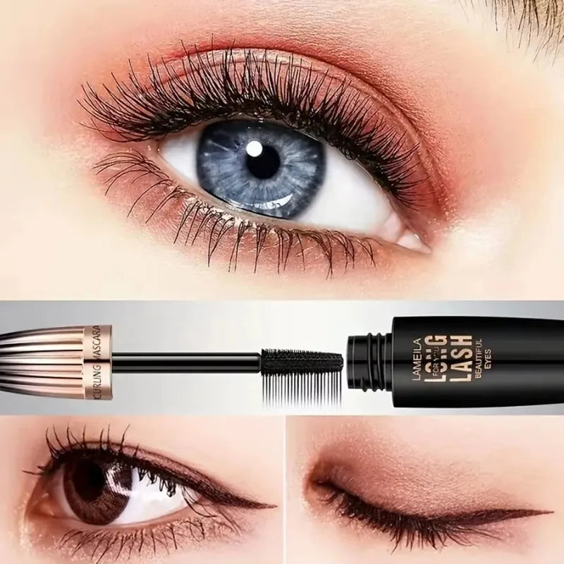 Close-up of blue and brown eyes with long lashes and black curling mascara applicator