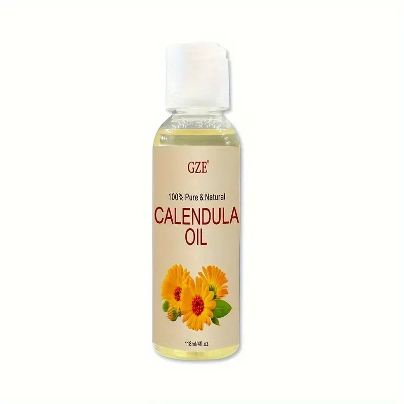 GZE 100% pure natural calendula oil in clear plastic bottle with white cap and floral label