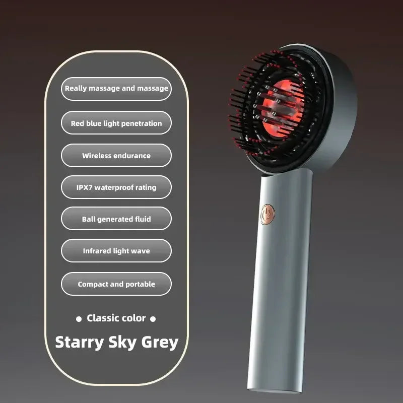 Starry Sky Grey handheld scalp massager with red blue light, infrared waves, wireless and waterproof features