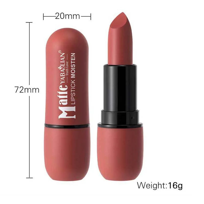 Matte Yabaolian moisturizing lipstick in muted rose shade, 72mm height, 16g weight