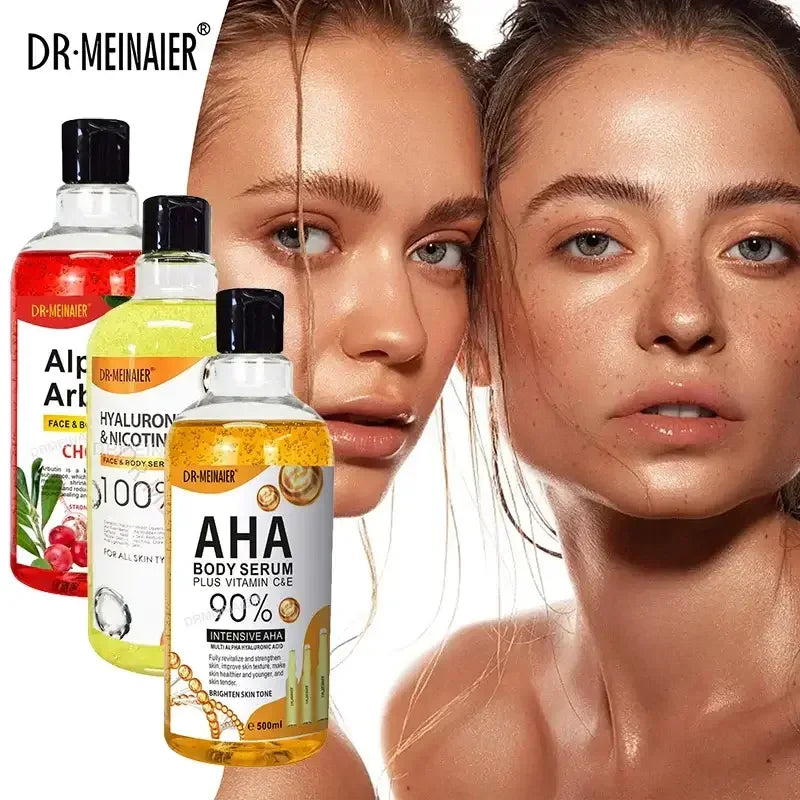 Dr. Meinaier skincare serums with AHA, hyaluronic acid, and arbutin with two glowing women showcasing clear skin