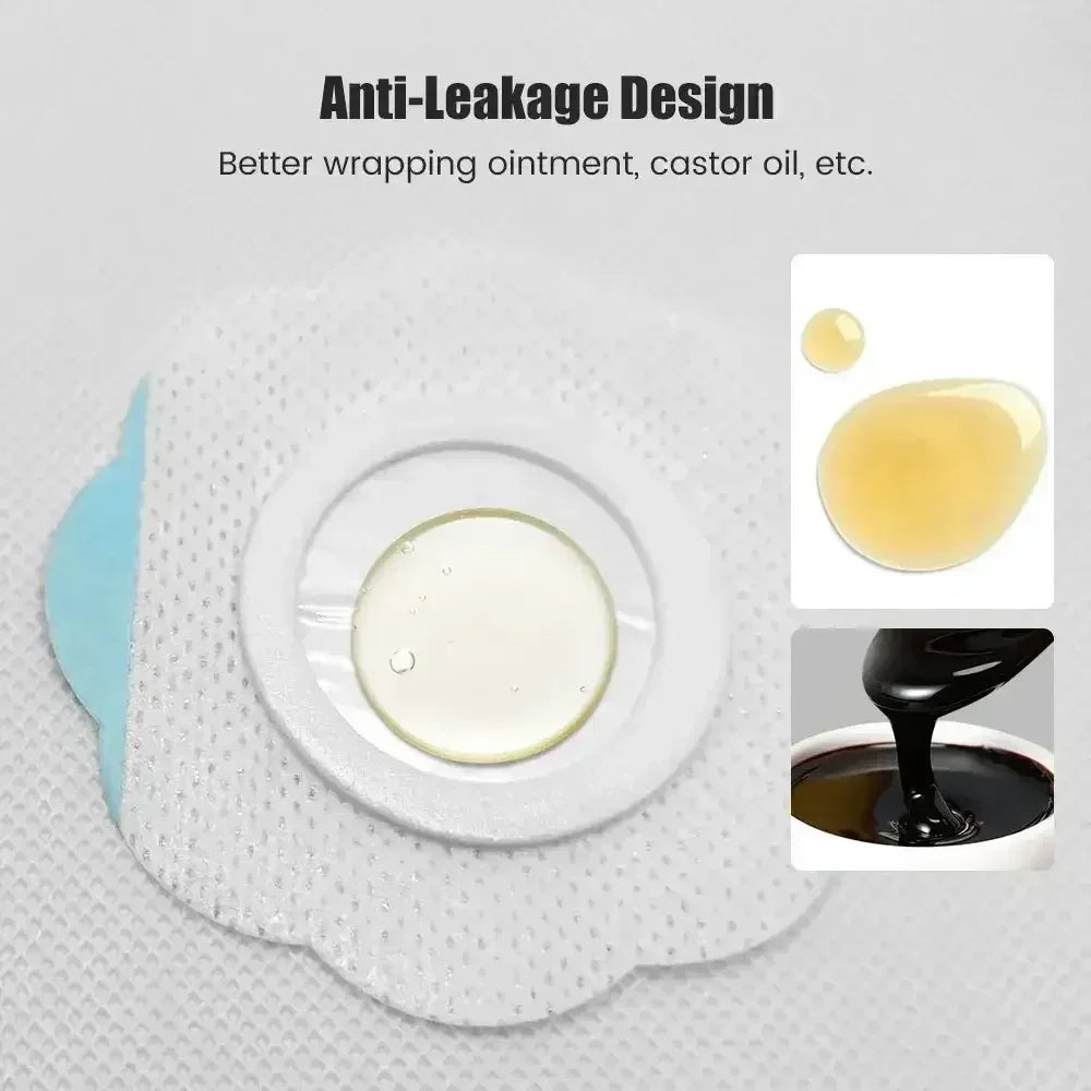 Anti-leakage patch with clear gel drop, showing castor oil and black ointment for better wrapping